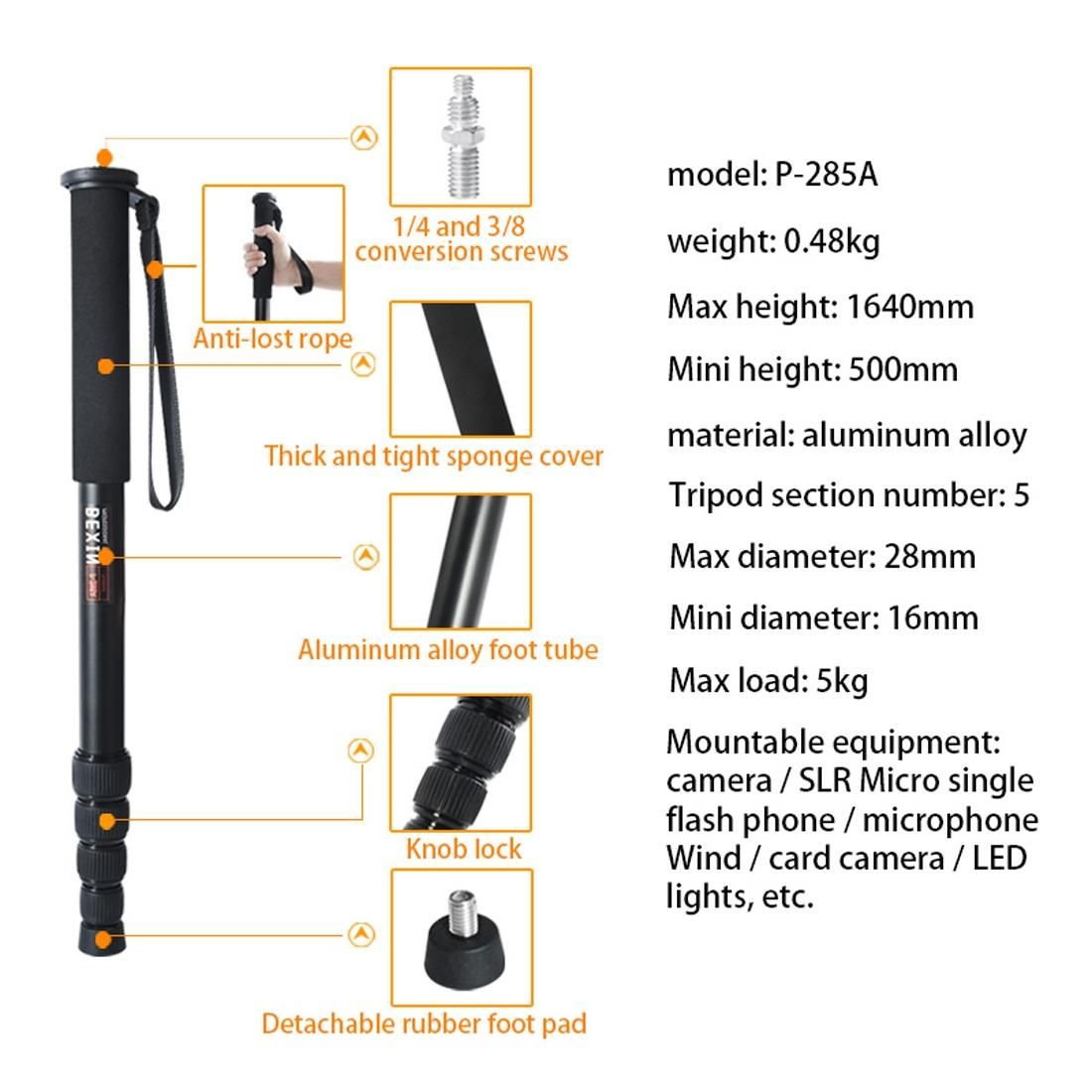 BEXIN P285-A Portable Travel Outdoor DSLR Camera Aluminum Alloy Monopod Holder (Black)