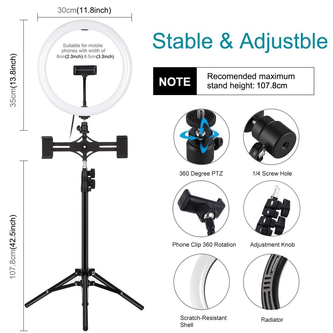 PULUZ 11.8 inch 30cm Light + 1.1m Tripod Mount + Dual Phone Brackets Curved Surface USB 3 Modes Dimmable Dual Color Temperature LED Ring Vlogging Video Light Live Broadcast Kits with Phone Clamp (Black)