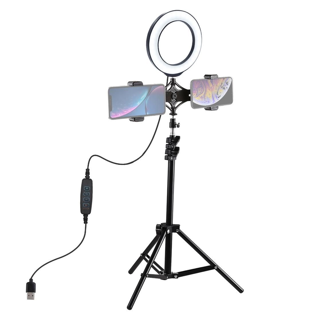 PULUZ 1.1m Tripod Mount + Live Broadcast Dual Phone Bracket + 6.2 inch 16cm LED Ring Vlogging Video Light Kits