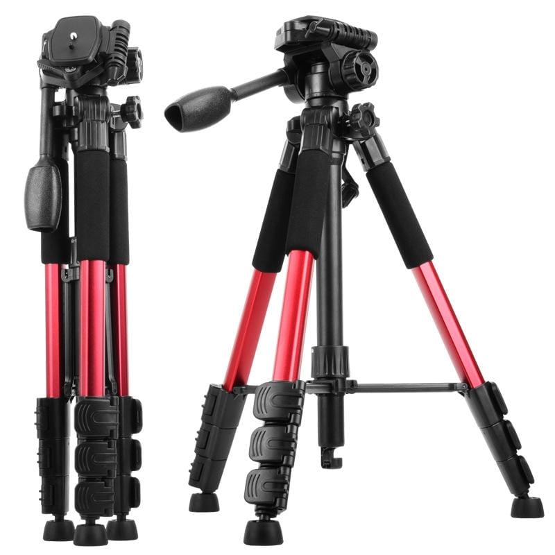 Q111 4-Section Folding Legs Live Broadcast Aluminum Alloy Tripod Mount with Three-dimensional Damping Tripod Heads (Red)