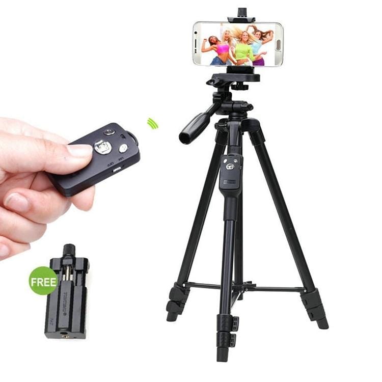 YUNTENG VCT-5208RM Aluminum Magnesium Alloy Leg Tripod Mount with Bluetooth Remote Control & Tripod Head & Phone Clamp for SLR Camera & Smartphones, Max Height: 125cm