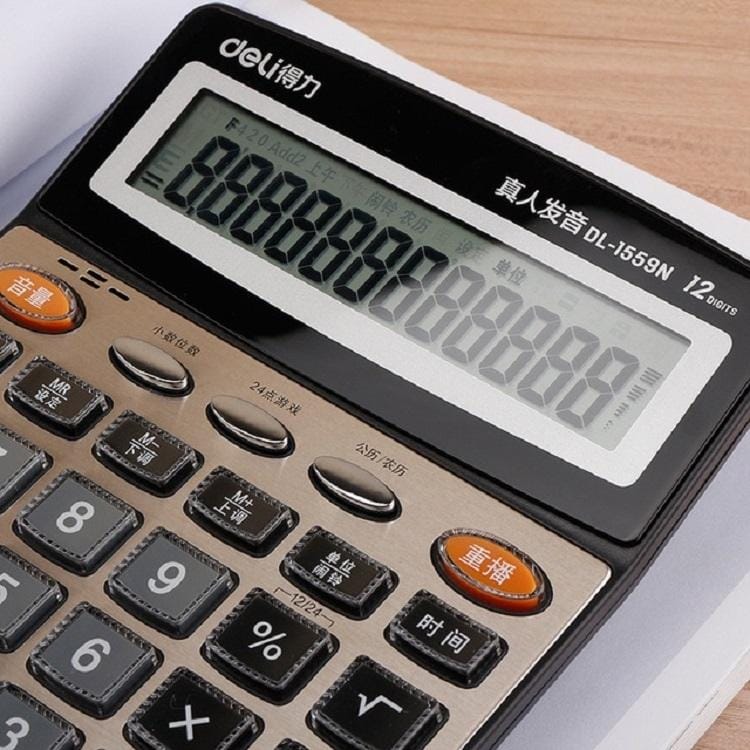 Deli 1559N Live Voice Calculator Multifunctional Office Finance 12-bit Calculator
