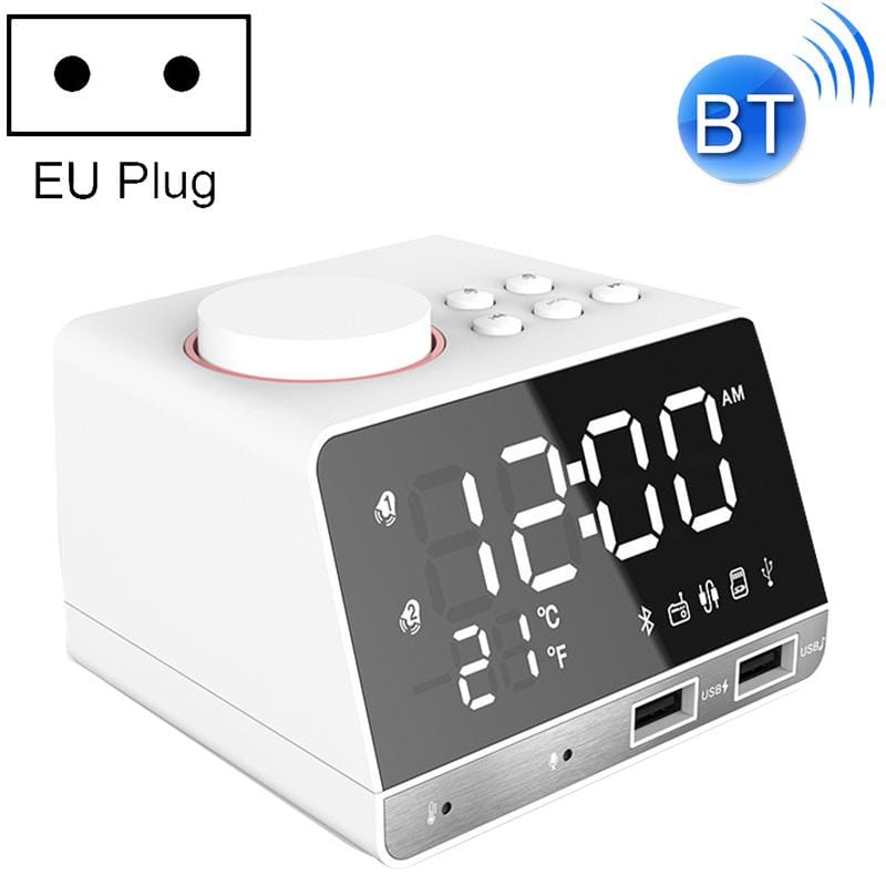 K11 Bluetooth Alarm Clock Speaker Creative Digital Music Clock Display Radio with Dual USB Interface, Support U Disk / TF Card / FM / AUX, EU Plug (White)