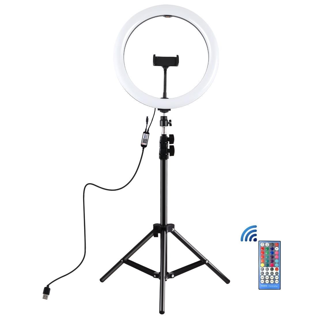 PULUZ 11.8 inch 30cm RGBW Light + 1.1m Tripod Mount Curved Surface Dimmable LED Dual Color Temperature LED Ring Vlogging Video Light Live Broadcast Kits with Cold Shoe Tripod Ball Head & Phone Clamp & Remote Control (Black)