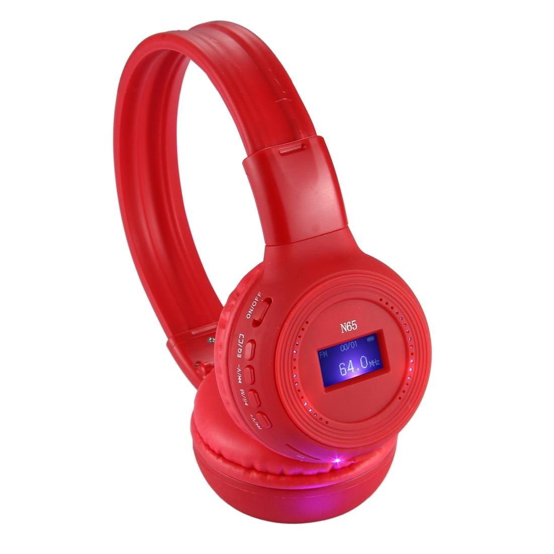 BS-N65 Headband Folding Stereo HiFi Wireless Headphone Headset with LCD Screen & TF Card Slot & LED Indicator Light & FM Function (Red)