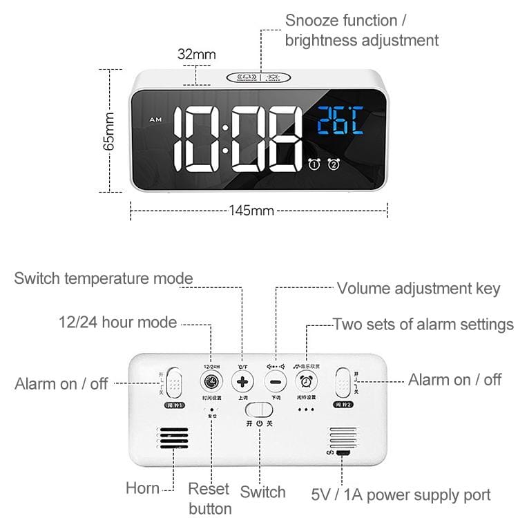 Bedside Alarm Clock Sound Control Mirror LED Music Clock (White)