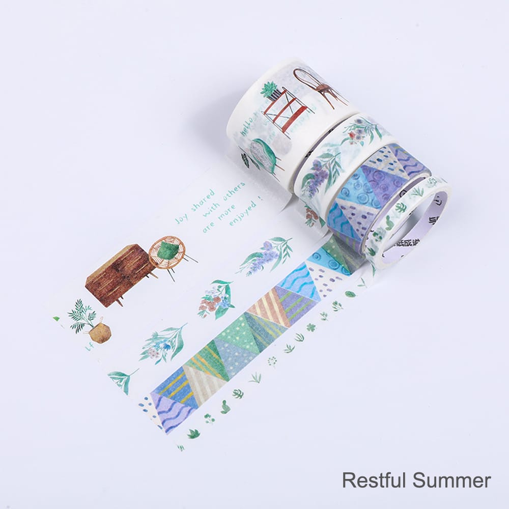 Washi Tape Set 4 Rolls 30mm 15mm 5mm Wide Decorative - Restful Summer
