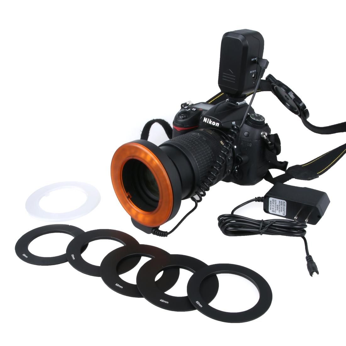 Circular LED Flash Light with 48 LED Lights & 6 Adapter Rings for Macro Lens (Orange)
