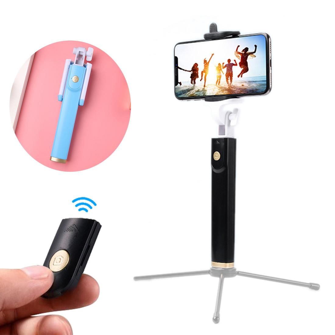 K08 Portable Foldable Wireless Bluetooth Shutter Remote Selfie Stick for iPhone and Android Phones, Tripod is not Included (Blue)