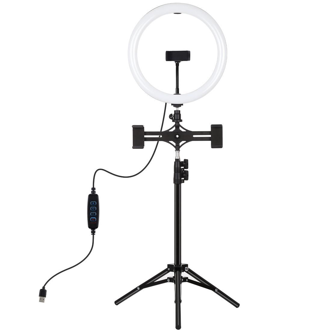 PULUZ 11.8 inch 30cm Light + 1.1m Tripod Mount + Dual Phone Brackets Curved Surface USB 3 Modes Dimmable Dual Color Temperature LED Ring Vlogging Video Light Live Broadcast Kits with Phone Clamp (Black)