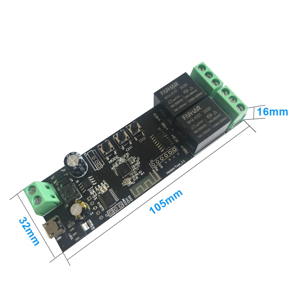 Tuya 2CH USB DC5V/7-32V WiFi Switch Wireless Relay Module