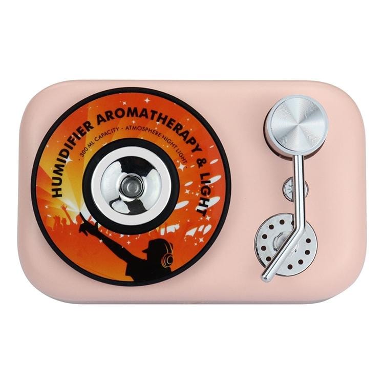 300ML Retro Turntable Style Hollow Music Symbol Night Light Air Humidifier Purifier (Pink)