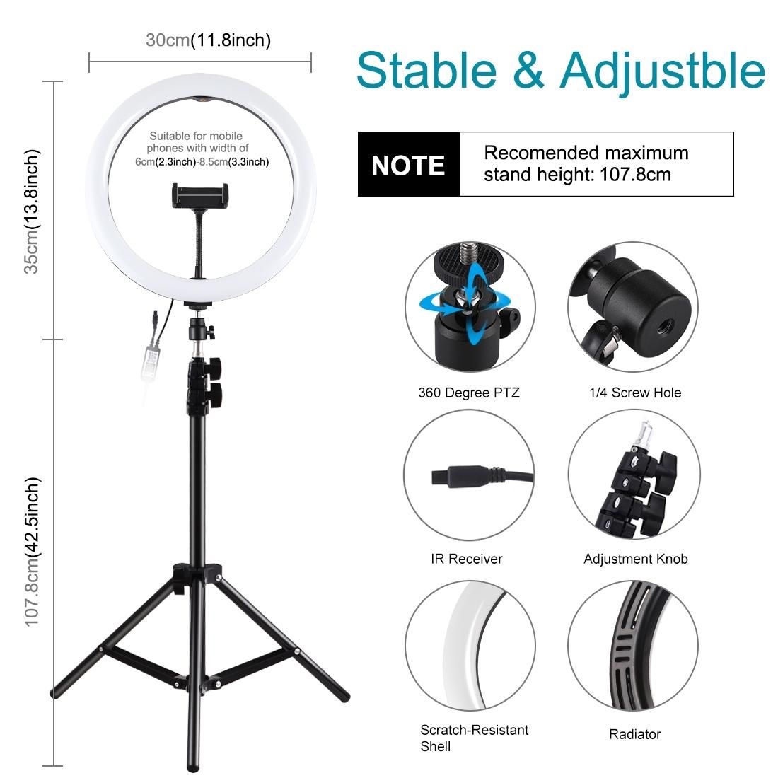 PULUZ 11.8 inch 30cm RGBW Light + 1.1m Tripod Mount Curved Surface Dimmable LED Dual Color Temperature LED Ring Vlogging Video Light Live Broadcast Kits with Cold Shoe Tripod Ball Head & Phone Clamp & Remote Control (Black)