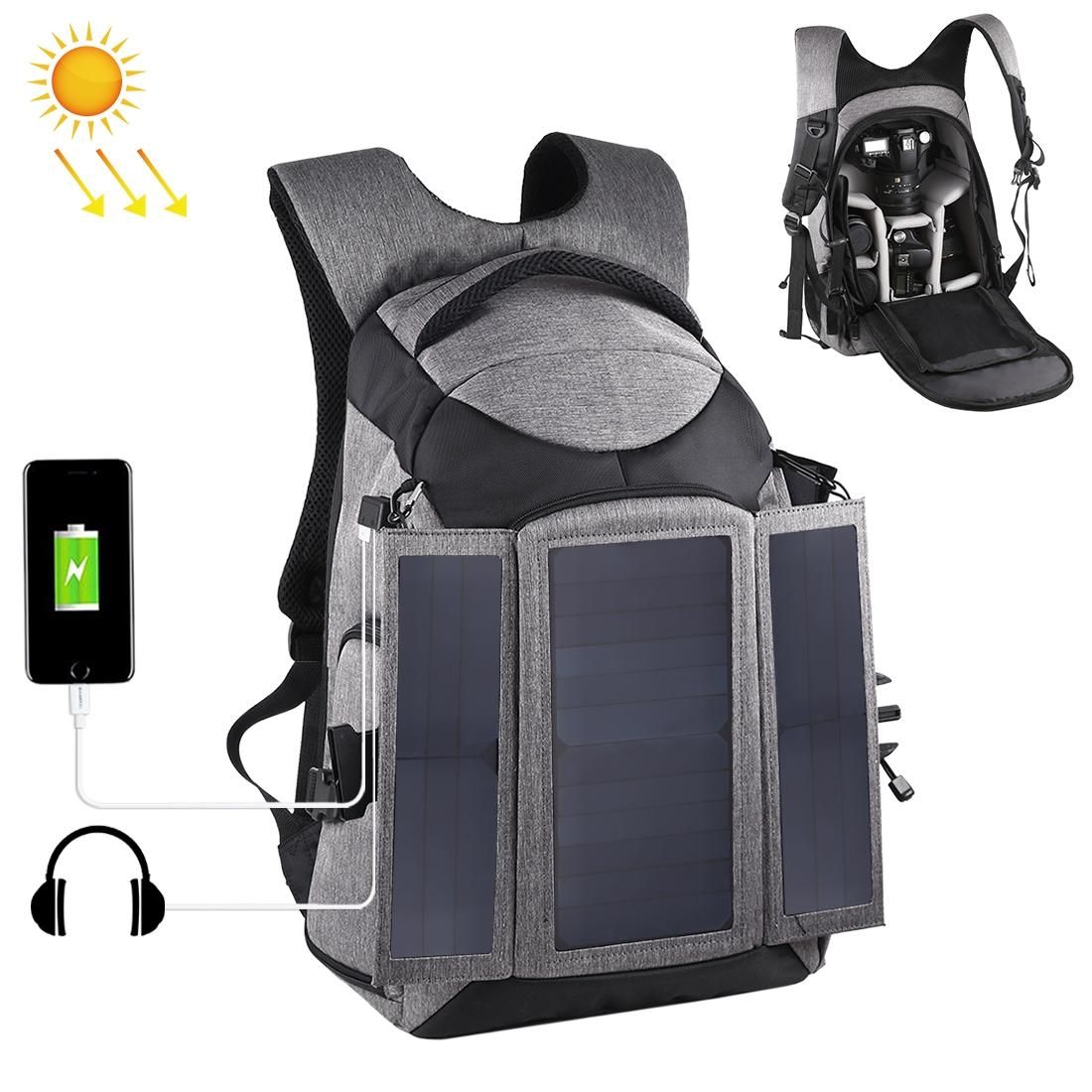 PULUZ 3-Fold 14W Solar Power Outdoor Portable Dual Shoulders Backpack Camera Bag with USB Port & Earphone Hole (Grey)