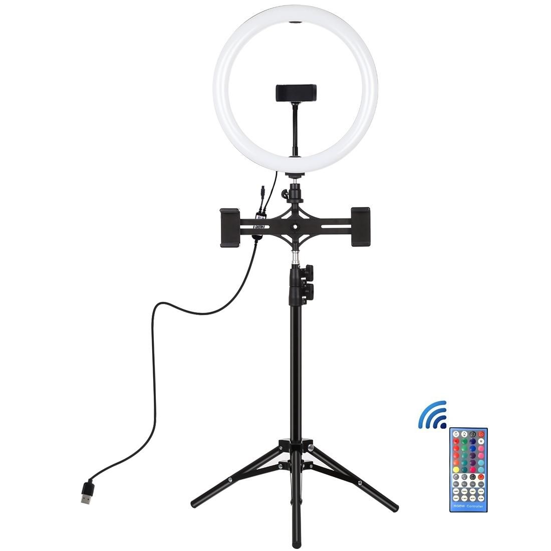 PULUZ 11.8 inch 30cm RGBW Light + 1.1m Tripod Mount + Dual Phone Brackets+ Curved Surface RGB Dimmable LED Dual Color Temperature LED Ring Vlogging Video Light Live Broadcast Kits with Cold Shoe Tripod Ball Head & Phone Clamp & Remote Control (Black)