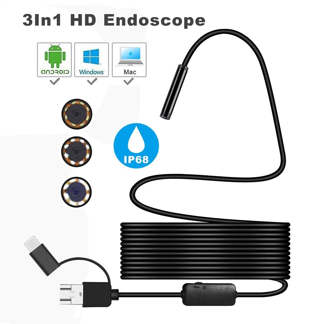 Y101 8mm Spiral Head 3 In 1 Waterproof Digital Endoscope Inspection Camera, Length: 5m Flexible Cable (Black)