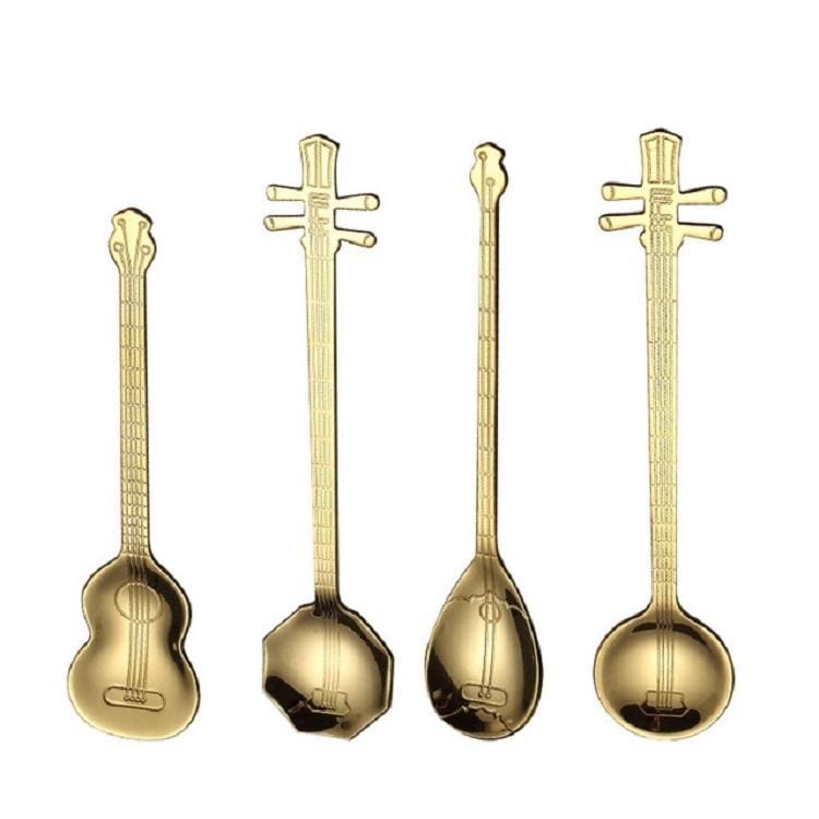 Stainless Steel Coffee Mixing Spoon Creative Musical Instrument Shape Spoon, Style:Yueqin, Color:Titanium Gold