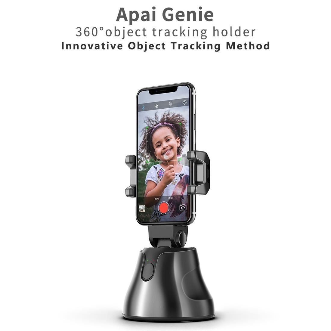 Apai Genie 360 Degree Rotation Panoramic Head Bluetooth Auto Face Tracking Object Tracking Holder with Phone Clamp for Smartphones, GoPro, DSLR Cameras (Black)