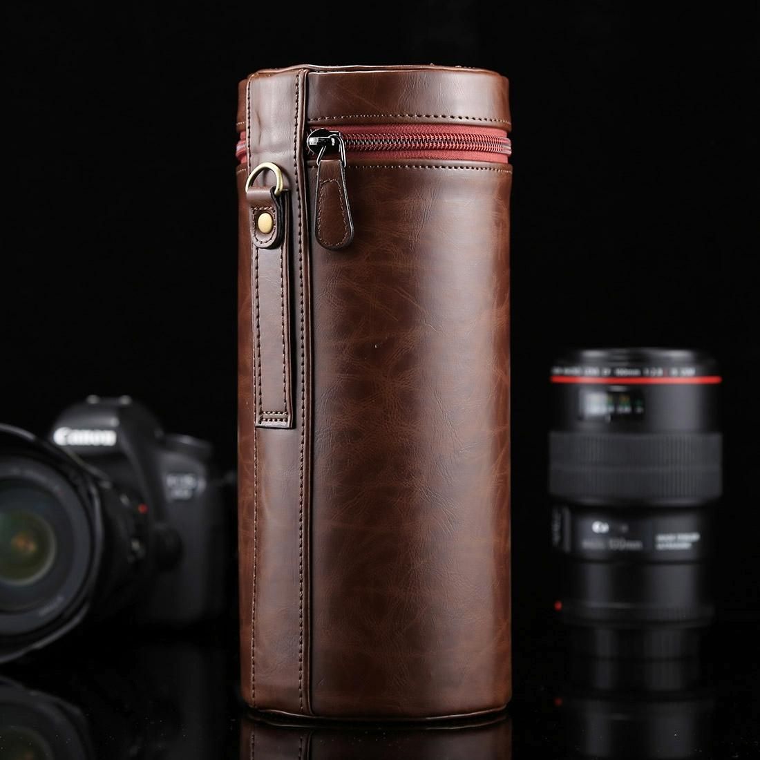 Extra Large Lens Case Zippered PU Leather Pouch Box for DSLR Camera Lens, Size: 24.5*10.5*10.5cm (Coffee)