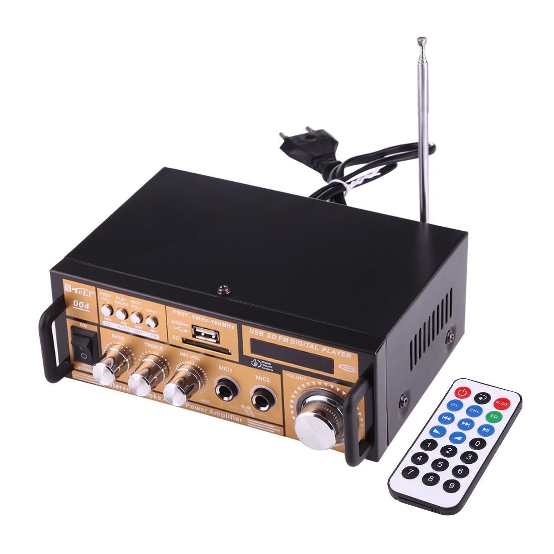 2CH HiFi Stereo Audio Amplifier with Remote Controller, LED Display, USB / SD / MMC Card / MP3 / AUX / FM Radio, AC 220V / DC 12V (Black)