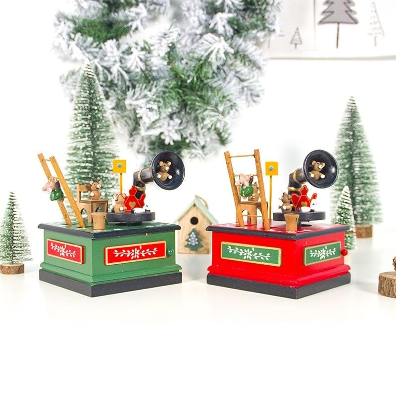 2 PCS Christmas Wooden Painted Music Box Cartoon Radio Shape Music Box Decoration (Red)