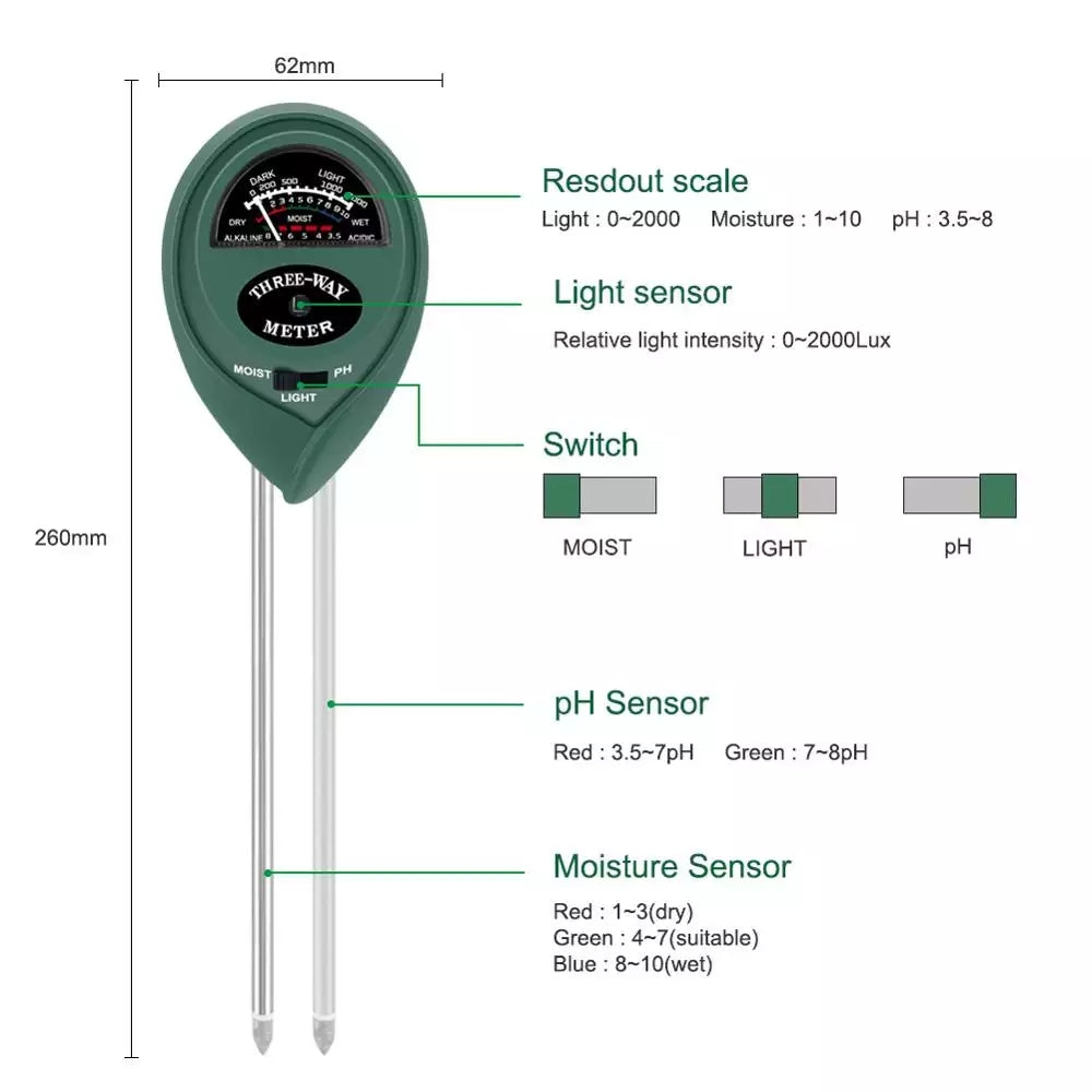 ZZ-009 3 in 1 Soil Tester with PH/Light/Moisture Acidity Tester for Bonsai Tree Garden Care Farm