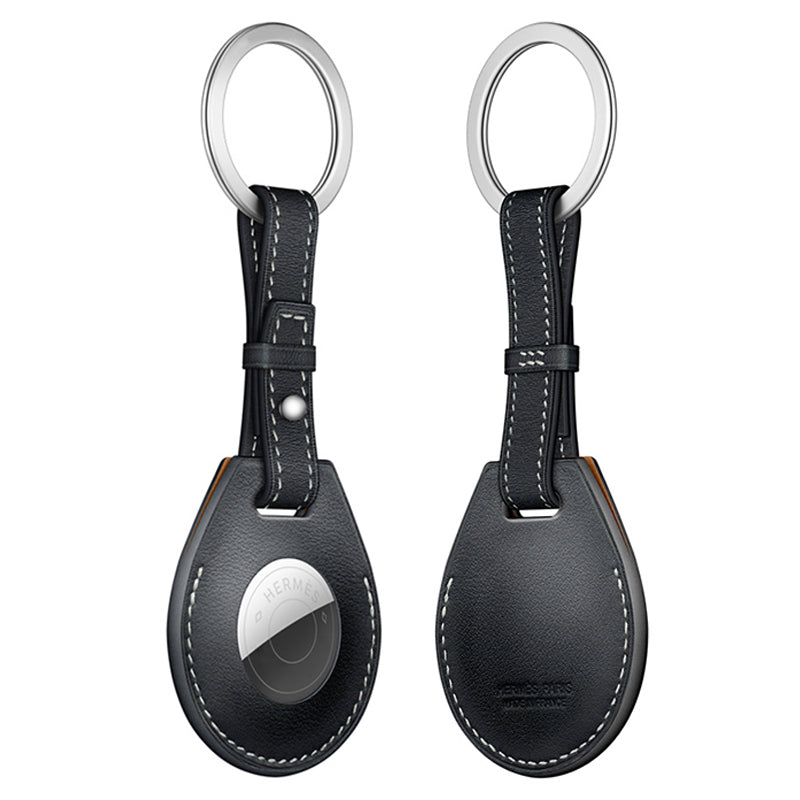 JIUYU Genuine Leather Anti-Scratch Protective Cover Case with Metal Key Ring (M Style) for Apple AirTag - Black