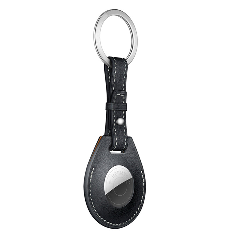 JIUYU Genuine Leather Anti-Scratch Protective Cover Case with Metal Key Ring (M Style) for Apple AirTag - Black