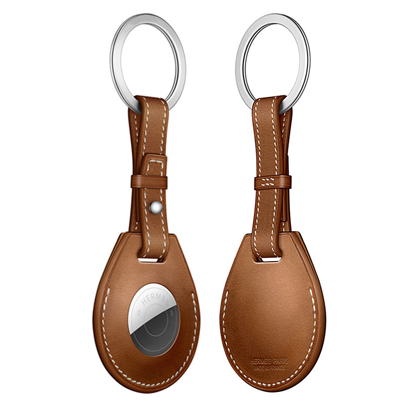 JIUYU Genuine Leather Anti-Scratch Protective Cover Case with Metal Key Ring (M Style) for Apple AirTag - Brown