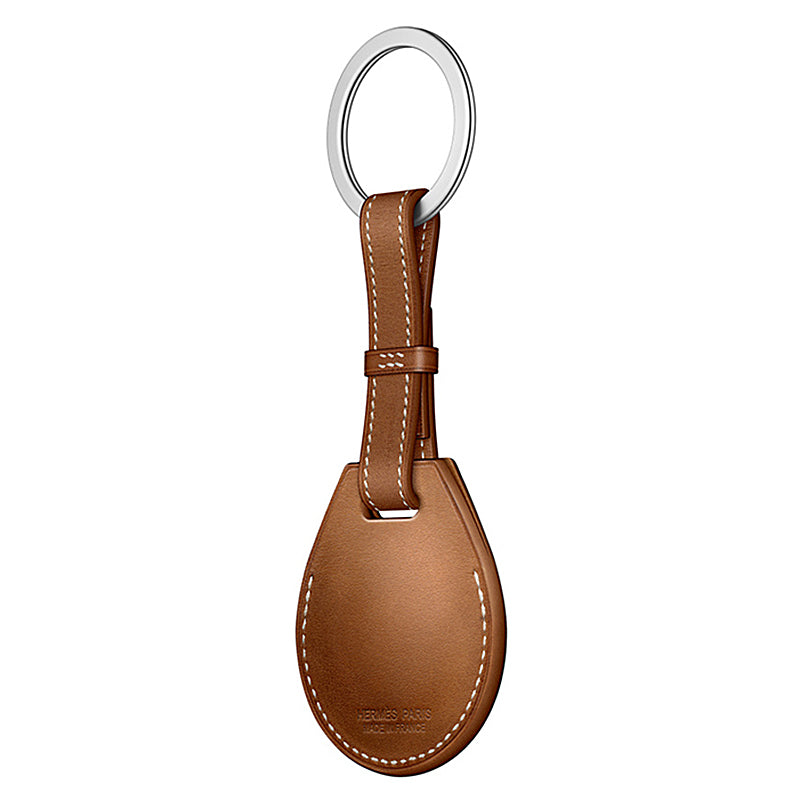 JIUYU Genuine Leather Anti-Scratch Protective Cover Case with Metal Key Ring (M Style) for Apple AirTag - Brown