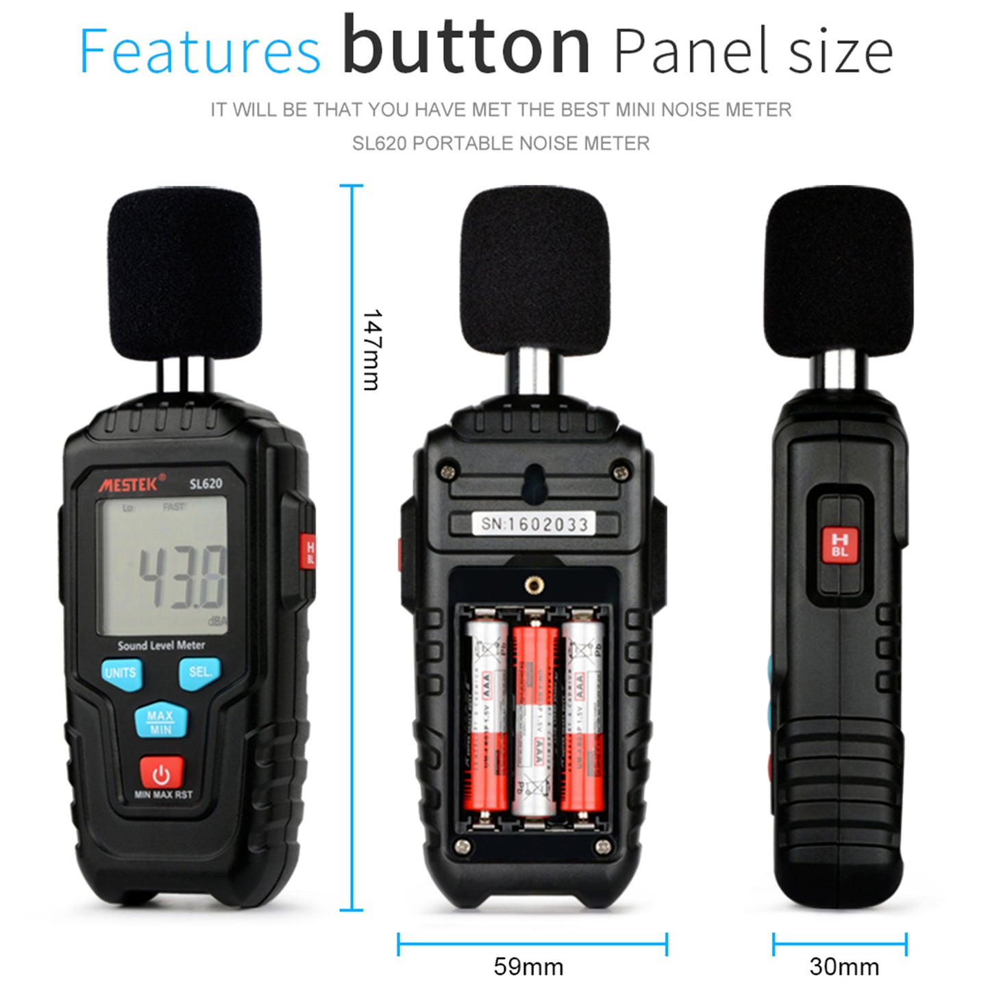 Uniqkart SL620 LCD Digital Audio Decibel Meter 35-135dB Sound Level Meter Noise Level Meter Sound Monitor Noise Measurement Tool