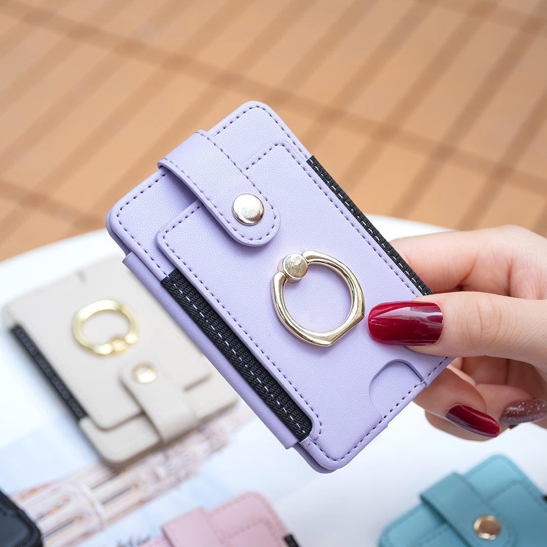 BFK03 Self-adhesive Phone Back Card Holder PU Leather Card Bag with Finger Ring Holder - Purple