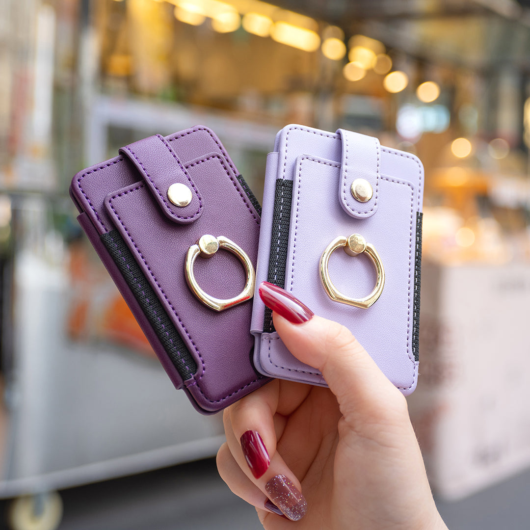 BFK03 Self-adhesive Phone Back Card Holder PU Leather Card Bag with Finger Ring Holder - Purple