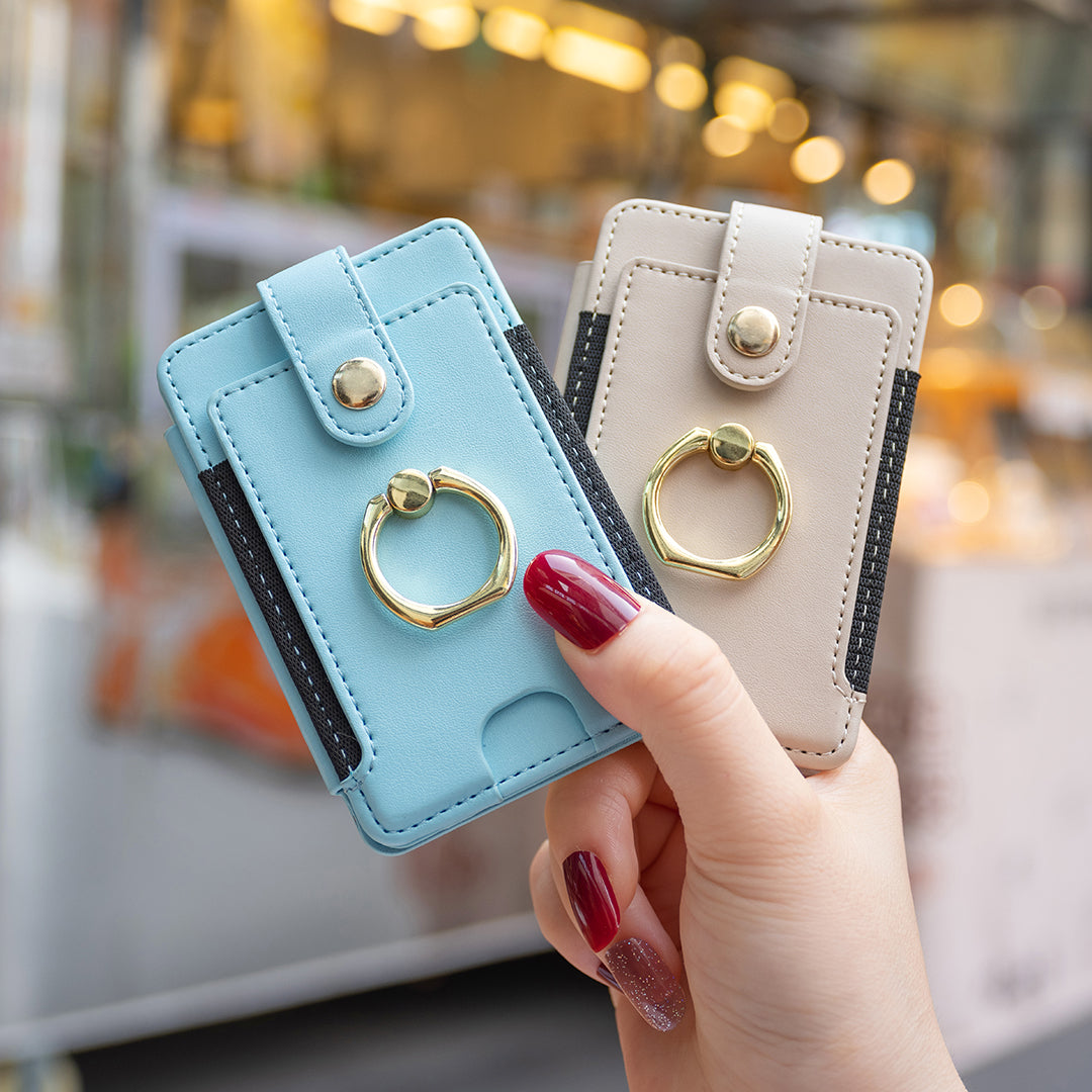 BFK03 Self-adhesive Phone Back Card Holder PU Leather Card Bag with Finger Ring Holder - Blue
