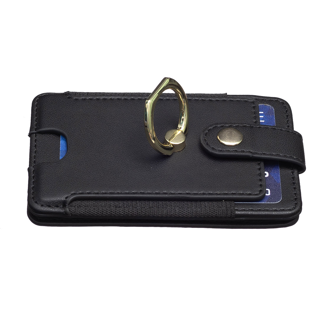 BFK03 Self-adhesive Phone Back Card Holder PU Leather Card Bag with Finger Ring Holder - Black