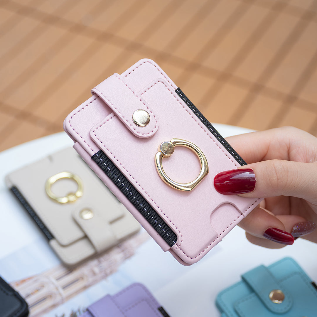 BFK03 Self-adhesive Phone Back Card Holder PU Leather Card Bag with Finger Ring Holder - Pink