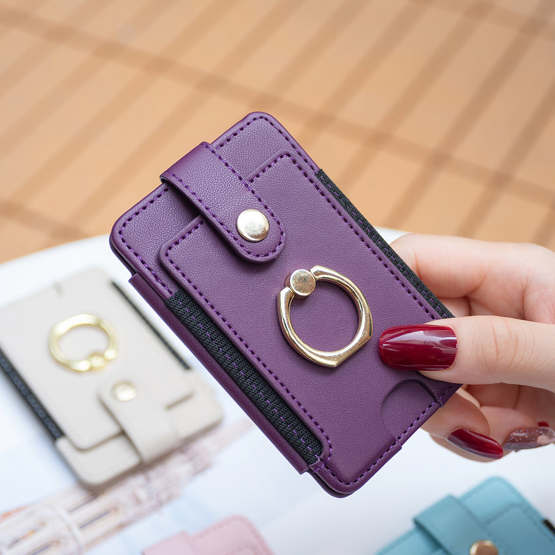 BFK03 Self-adhesive Phone Back Card Holder PU Leather Card Bag with Finger Ring Holder - Dark Purple