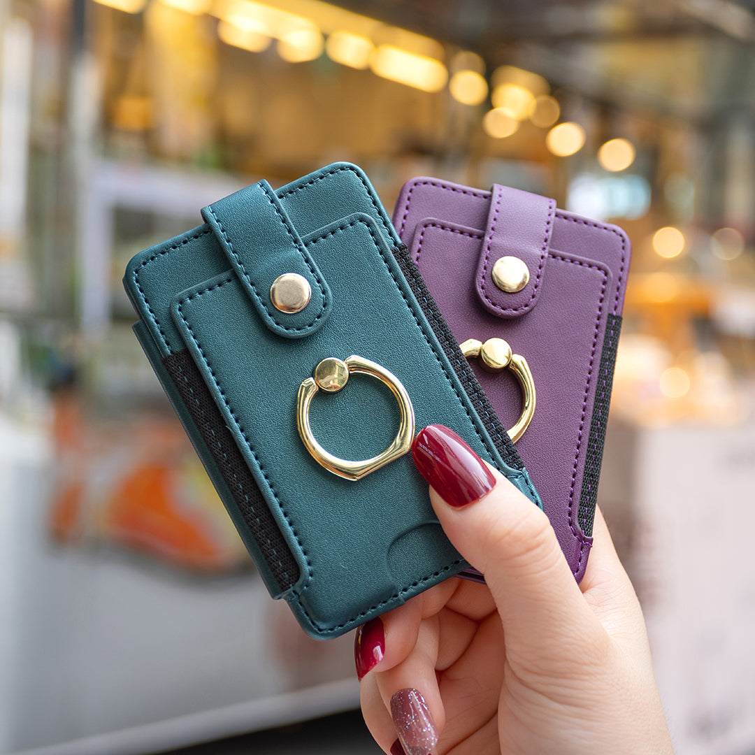 BFK03 Self-adhesive Phone Back Card Holder PU Leather Card Bag with Finger Ring Holder - Dark Purple