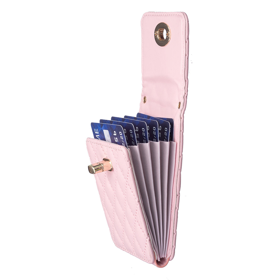BFK07 Self-adhesive Phone Back Card Holder Metal Buckle PU Leather Multiple Cards Vertical Storage Bag - Pink