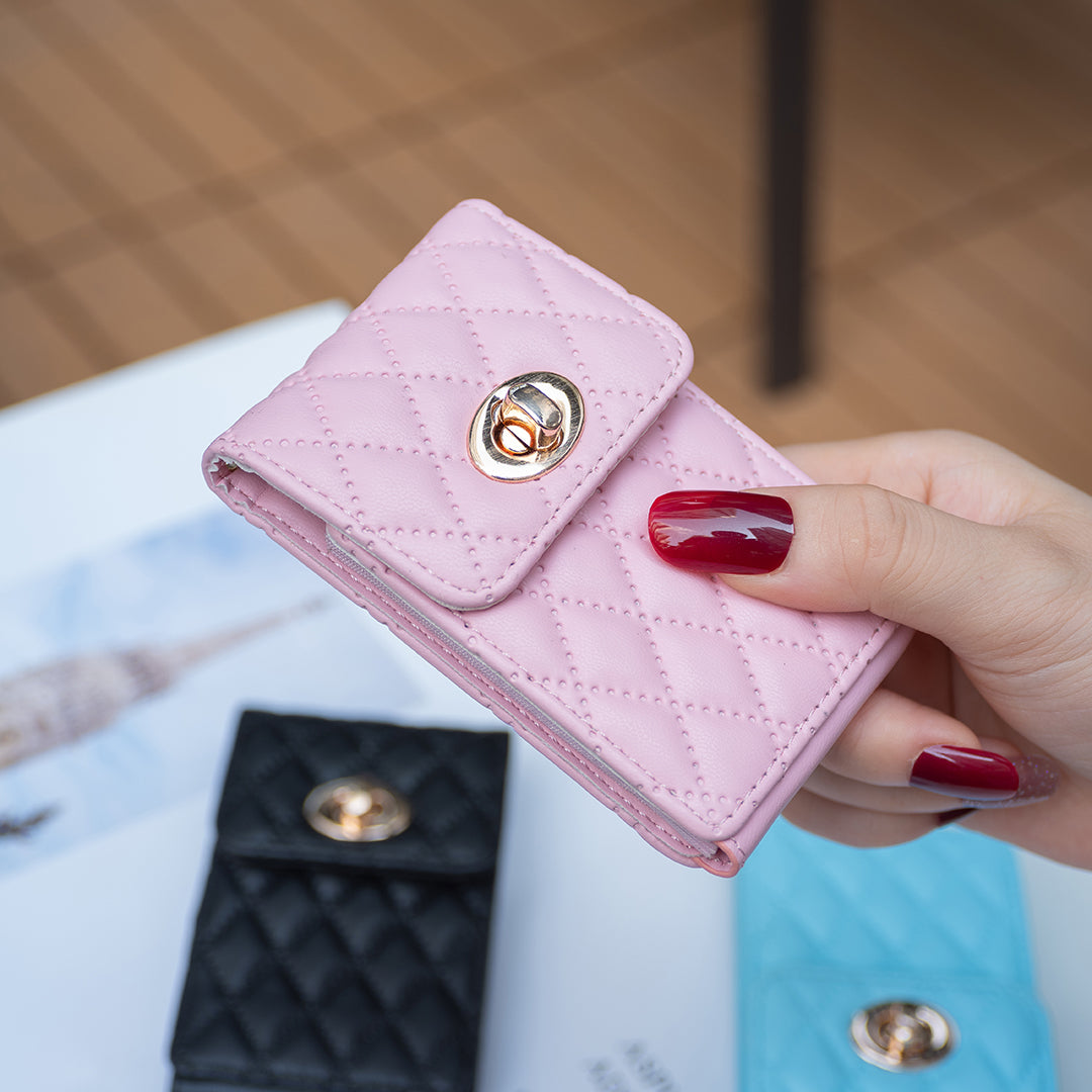 BFK07 Self-adhesive Phone Back Card Holder Metal Buckle PU Leather Multiple Cards Vertical Storage Bag - Pink