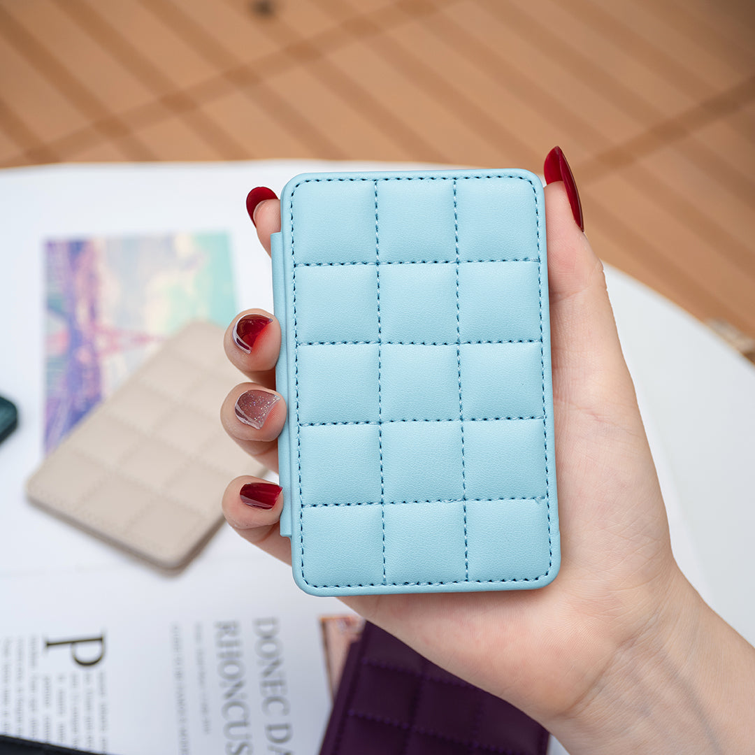 BFK01 3D Grid Design Phone Back Card Holder Self-adhesive PU Leather Card Bag - Blue