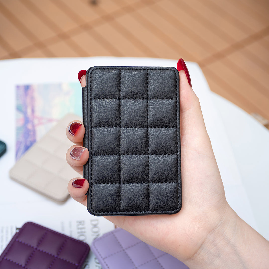 BFK01 3D Grid Design Phone Back Card Holder Self-adhesive PU Leather Card Bag - Black