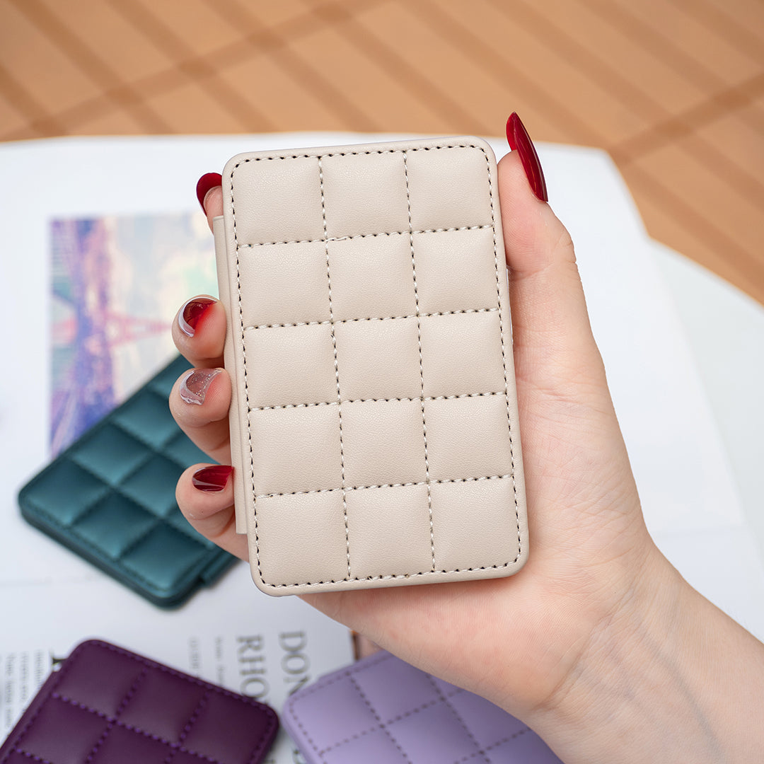 BFK01 3D Grid Design Phone Back Card Holder Self-adhesive PU Leather Card Bag - Beige