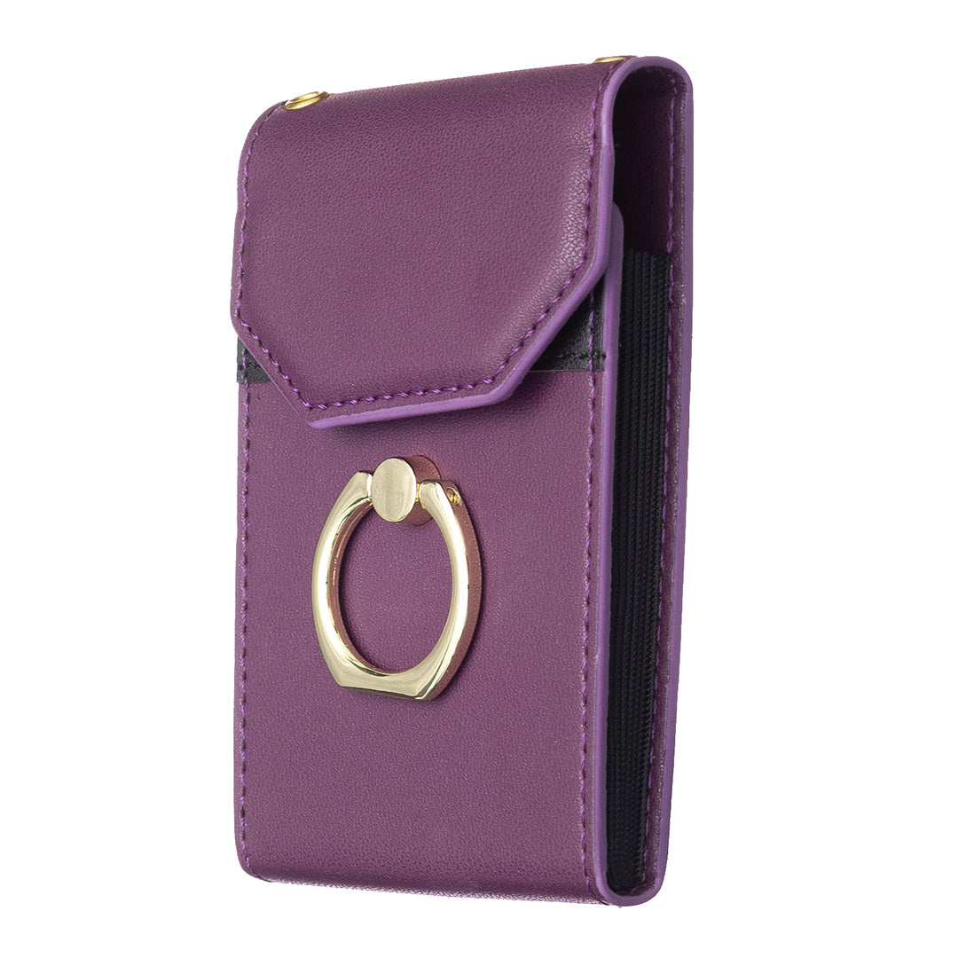 BFK04 Phone Card Holder Stick-on Card Sleeve Pocket Ring Kickstand Leather Pouch for Back of Phone - Dark Purple