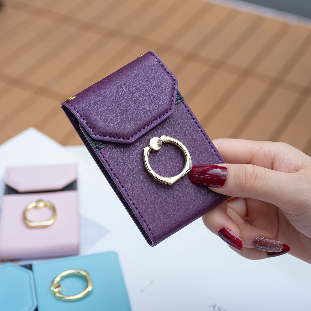 BFK04 Phone Card Holder Stick-on Card Sleeve Pocket Ring Kickstand Leather Pouch for Back of Phone - Dark Purple