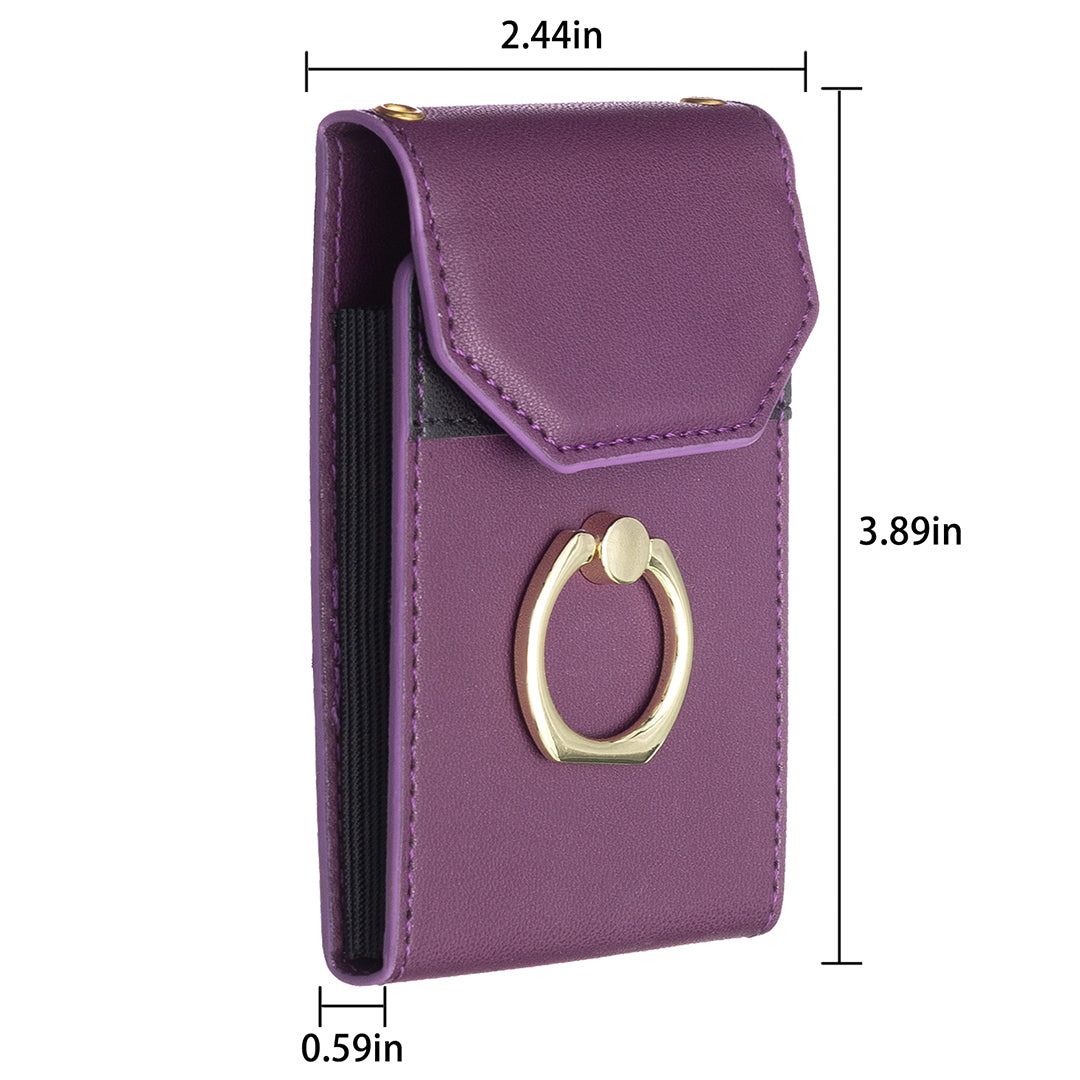 BFK04 Phone Card Holder Stick-on Card Sleeve Pocket Ring Kickstand Leather Pouch for Back of Phone - Dark Purple