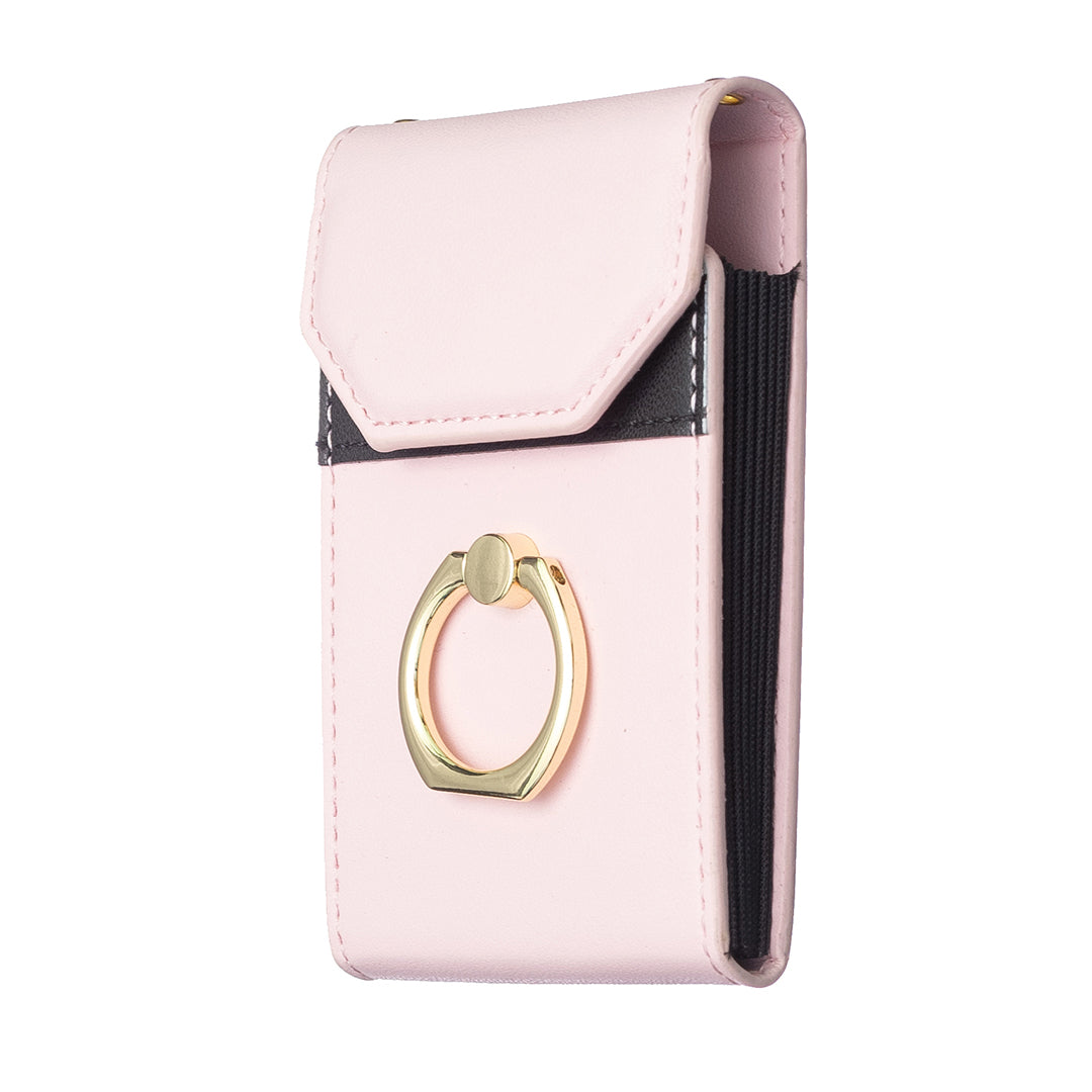 BFK04 Phone Card Holder Stick-on Card Sleeve Pocket Ring Kickstand Leather Pouch for Back of Phone - Pink