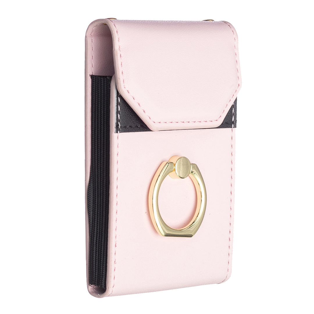 BFK04 Phone Card Holder Stick-on Card Sleeve Pocket Ring Kickstand Leather Pouch for Back of Phone - Pink