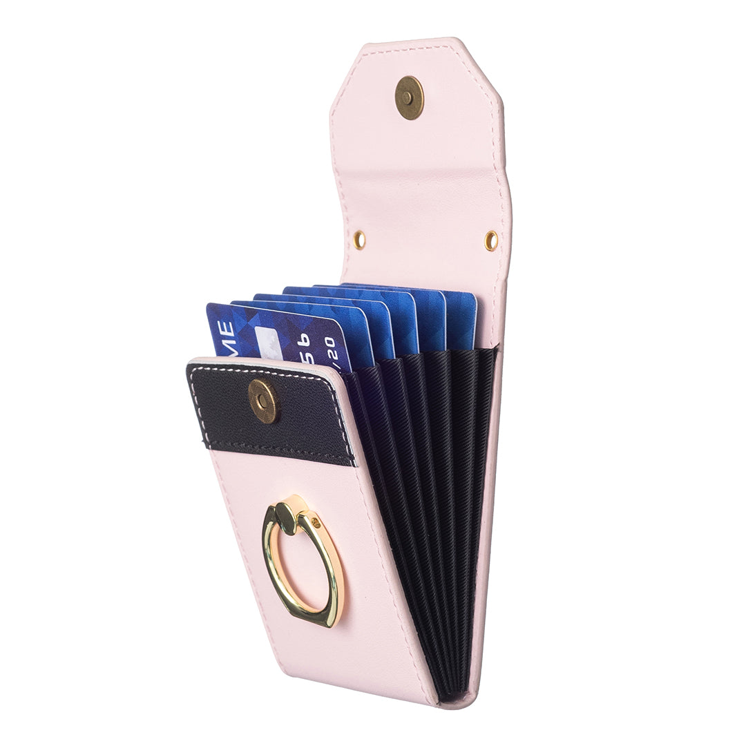 BFK04 Phone Card Holder Stick-on Card Sleeve Pocket Ring Kickstand Leather Pouch for Back of Phone - Pink