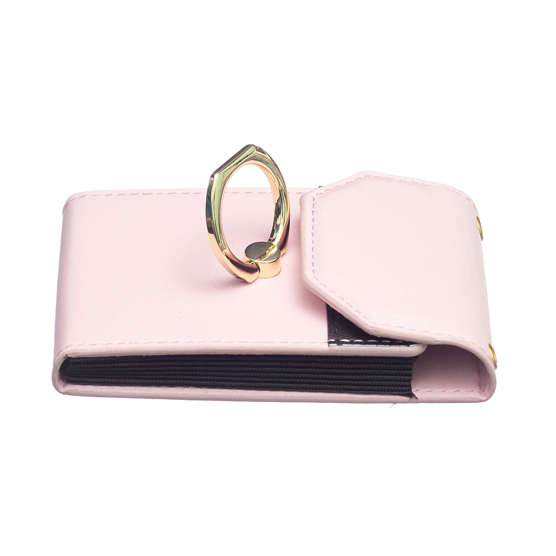 BFK04 Phone Card Holder Stick-on Card Sleeve Pocket Ring Kickstand Leather Pouch for Back of Phone - Pink